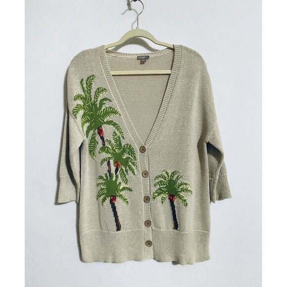 J Jill Cardigan Sweater Womens Small Palm Tree Embroidered Linen Beachy Boho - Picture 1 of 8
